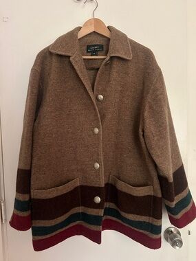 Lauren Ralph Lauren Brown Wool Blend Button Coat with Stripes